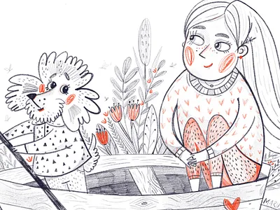 A boat ride dog friends girl illusration marushabelle procreate sketch