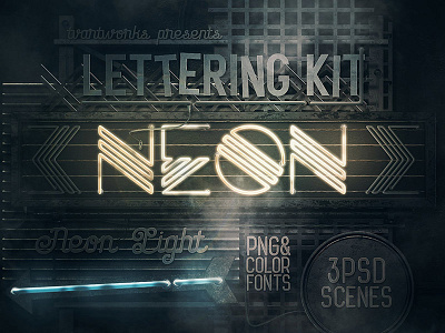 Neon Light Lettering Kit dark dealjumbo grunge light effects neon neon effects neon font neon lettering neon light neon sign neon typography night photoshop scene creator steampunk template typography creator vintage