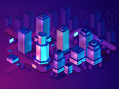 Smart City isometric illustration building city concept design futuristic illustration isometria isometric light map modern neon purple skyscraper smart smart city vector violet