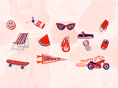 Summertime Fine adventure halftone illustrations pink red sticker sticker set