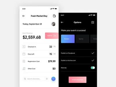 Event Organizer App app black clean dashboard event flat gradient interface mobile options playful settings ui white