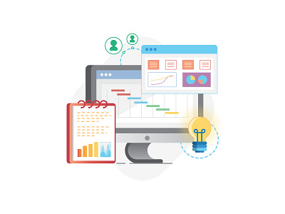 Strategy and Consulting Illustration V5 business chart computer graph imac light bulb process report support tech user website