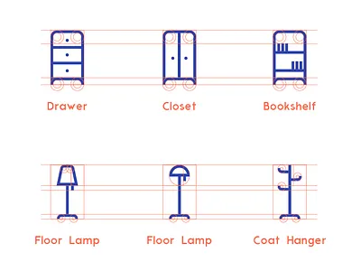 Furniture Icon bookshelf closet coat hanger drawer floor lamp furniture golden ratio icon icon design interaction design interior lamp logo minimal ui ui design