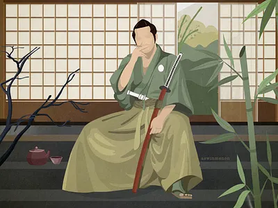 Samurai at his Dojo art aswin bamboo character drawing flat illustration japan japanese katana martial martial arts menon procreate ronin samurai sword vector