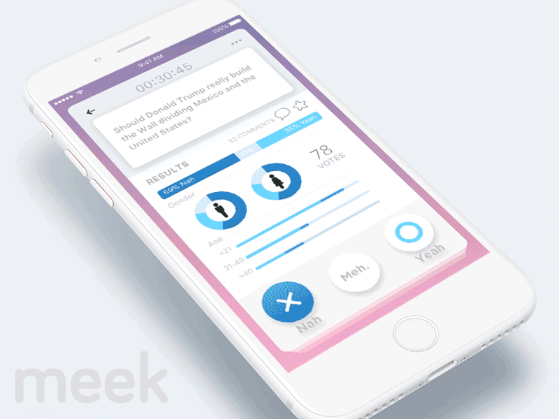 Meek App Demo 2 animation app colorful community demographic design fun interaction motion politics question questionnaire social app trivia twitter ui user ux vote voting