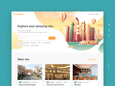 Qatar Travel Guide: Goexplore attractions booking events guide illustration interface news service tourism travel travel app ui