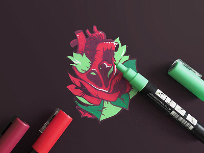 Wildfire anatomical doodle art drawing foliage heart illustration limited color marker pen markers on fire posca rose tipp ex wildfire wildflower