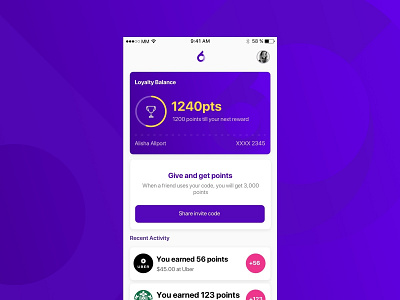 Earn points Loyalty UI app app concept card dashboard gamification home screen ios loyalty card loyalty program ui ux
