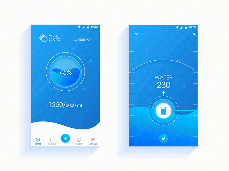 Water Reminder android app concept design interface mobile motion reminder ui water