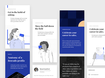 Bravado Homepage Assets blue brand design gold homepage illustration materialup montserrat playfair sales sketch startup testimonials ui visual identity