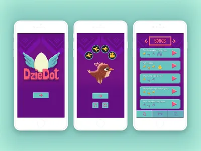 Singing game "DzieDot" app bird game design logo menu pixelart