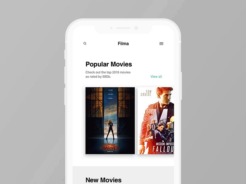 Layout 3.3 | Movie App Scroll 1 after effects animation balde runner cinema creed design films imdb marvel minimal mission impossible mobile movies principle scroll sketch tom cruise ui unsplash ux