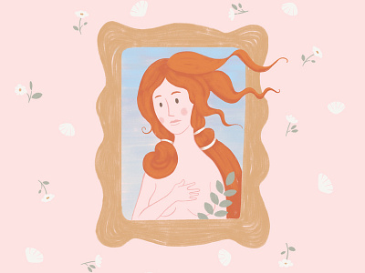 Birth of venus character colourful digital art digital paint draw flat flower frame illustration minimal organic paint pattern pink shell simple ui ux venus woman