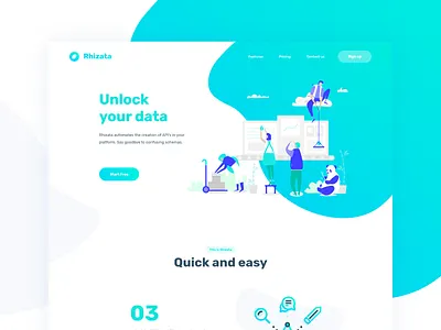 / Rhizata platform / Landing page blue data database engineer gradient green illustration software turquoise ui user interface vector workflow