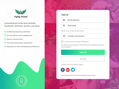 Flying flower Signup UI cannabis concept design flat flower logo flying icons interface legal logo signupform smoking trasaction ui