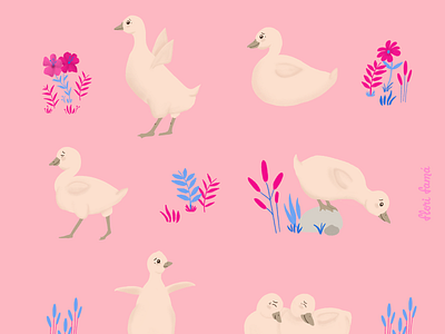 Adorable goslings animal pattern cute cute animals flowers goose gosling illustration pink