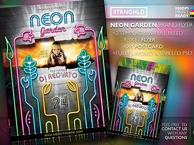 Neon Garden Flyer Template colorful design flyer grunge neon party retro template