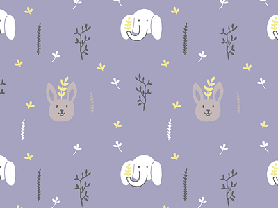 Bunny and elephant Illustration Pattern animals bear children cute fabric design fall illustration kids leaves pastel pattern design rabbit spring