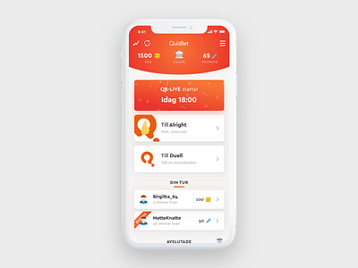 Overview page for QuizBet app clean dashboard flat game gamification gaming gradient ios minimal orange overview quiz ui user experience user interface ux