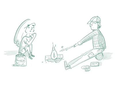 Camping scene adventures camp camp fire campers campfire camping children drawing editorial green illustration line marshmallow people scene