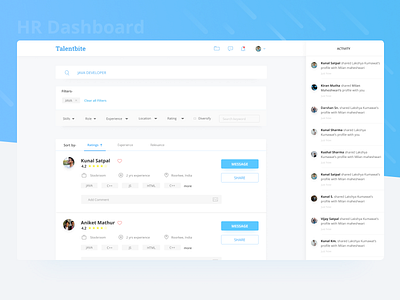 Talentbite | HR panel cards design filter message panel search share ui ux website