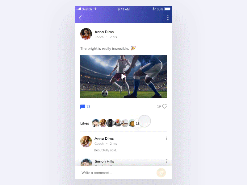 Comment on a Post animate athlete blue clean app design coach gradiant interaction minimal principleapp sport ui ux white