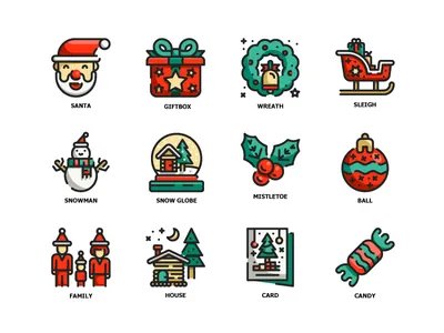 Christmas 12 Fill Outline Icons ball box card christmas color family flat gift globe house icon line mistletoe outline santa sleigh snow snow man wreath x mas