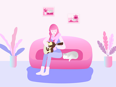 a very warm moment cat guitar illustration plants