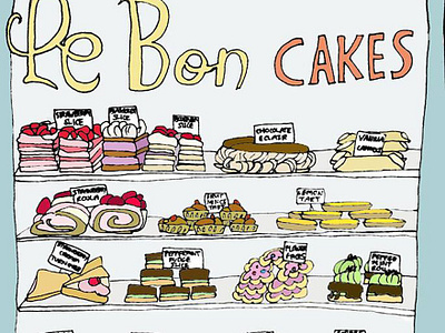 Le Bon Cakes colourful food illustration line drawing typography