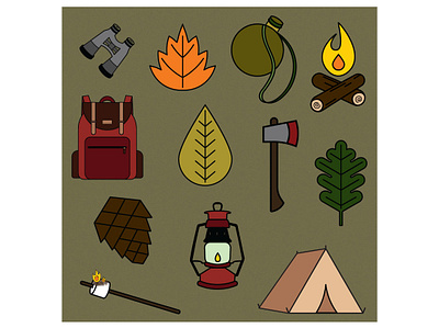 Happy Little Camping Icons adobe autumn camp fire camping design fall icons illustration illustrator leafs pattern design simple design