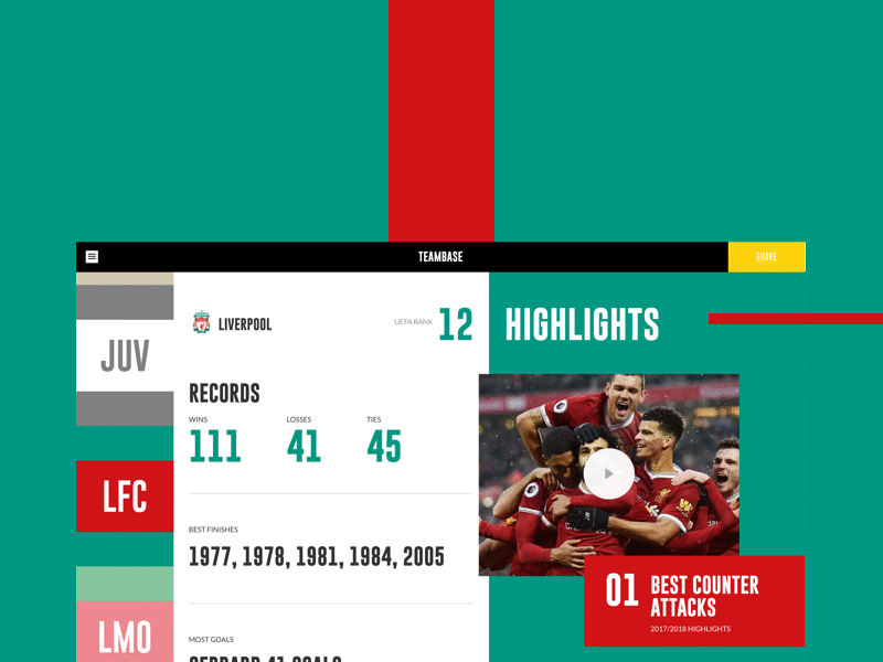 TeamBase - Launched champions league football front end ranking side project soccer sports statistics teambase ui ux