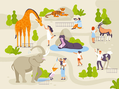 Zoo with people caring about wild animals african elephant antelope design flat giraffe hippo illustration infodraphic elements interaction ostrich park pelican people save animals tiger vector zoo