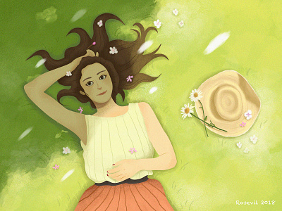 Girl flower girl illustration meadowland sunshine