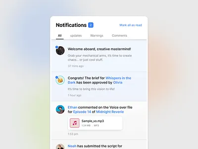 Notifications 🔔 - Eight Dashboard alert attachement card clean design collaboration dashboard design system drop down file upload inbox light mode messages news notification notifications settings task management ui ux ui design website