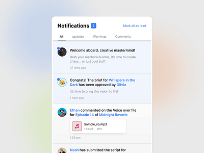 Notifications 🔔 - Eight Dashboard alert attachement card clean design collaboration dashboard design system drop down file upload inbox light mode messages news notification notifications settings task management ui ux ui design website