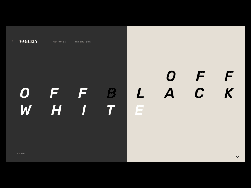 Vaguely off black animation black black white ecommerce fashion magazine motion retail taupe typography