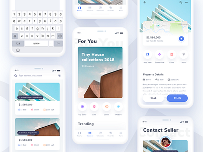 Home Finder App Exploration cards detail direction discover finder gradient home icons illustration listing maps trending