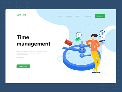 Time Management Concept - header design blue clock colorful communication design dial emails header design illustration landing page layout design mail icon man sand timer simple time management ui vector waiting web page header yellow