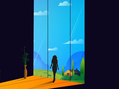 View (Day 8/365) cloud field house illustration landscape light room sky tree view window woman