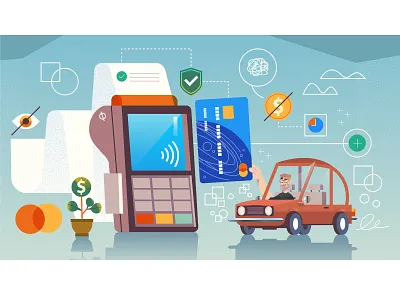 Paying Bills car cardstock carro character design credit card credit cards design flat graphic icons illustration ilustracion modern money red car service shop shopping tap vector