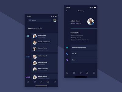 Company Employee Directory app clean contacts dark design directory employee enterprise interface ios list ui ux