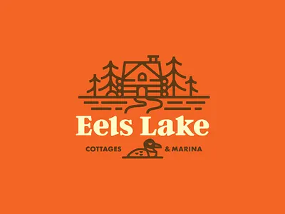 Eels lake shirt design cabin cottage lake logo loon trees