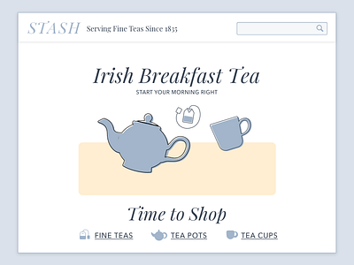 Icon Study + Quick Web Mockup avenir next blue icon design illustration mockup orange playfair display sketch app tea tea bag tea cup web design