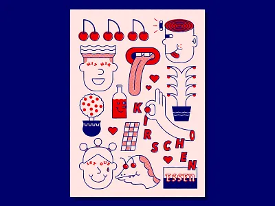 Mit mir ist gut Kirschen essen art band character cherries design graphic design icon illustration lizard plant poster shapes thick lines typography vector