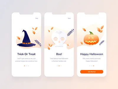 Halloween Onboarding Screens app gradient halloween illustraion interface iphone x leaves onboarding orange pagination pumpkin skull ui witch hat