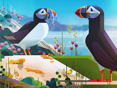 Puffin spread detail from Saving Species animals book digital endangered species geometric illustration illustrator james gilleard vector