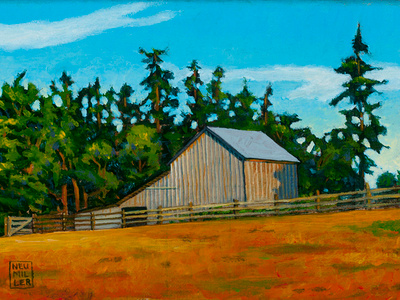 Stavros Barn, 7" x 5", oil on canvas barn farm illustration landscape