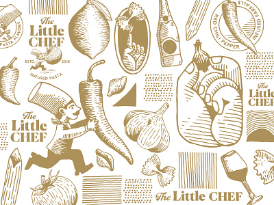 The Little Chef Pattern + Assets brand identity chef cooking garlic hat icon lemon logo noodles onion pasta pattern pepper tomato