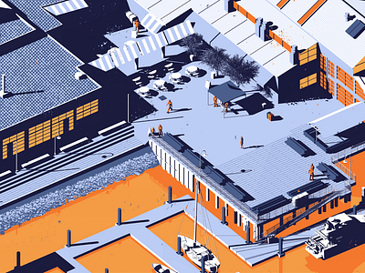 False Island 3d aerial birds eye dock illustration isometric market people scene