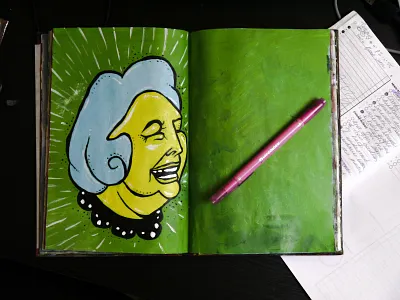 Grandma wisdom needed acrylics character collar grandma green handdrawn head illustration laughing paint portrait sketchbook smile texture yellow